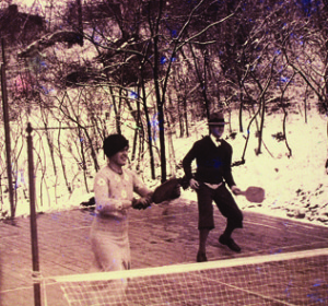 Mary Blanchard, in stylish cloche, teams with left-handed Earle Gatchell on the original Cogswell court