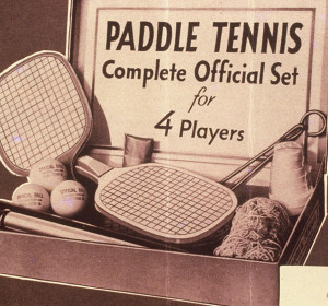 A late-1920s boxed set of paddle tennis equipment, similar to the one James Cogswell brought home