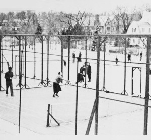 Winter activity at Fox Meadow in 1936 included paddle and ice-skating. Playing paddle are Fess Blanchard and his daughter Ruth (on the right) playing against Kitty Fuller and an unidentified partner.
 