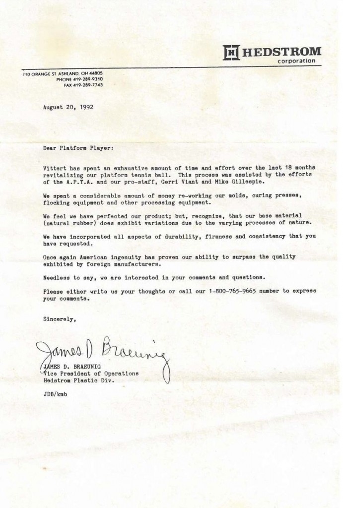 1992 Hedstrom letter regarding improvements in ball manufacture