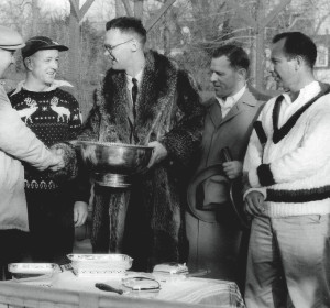 The awards presentation at the 1956 Men’s Nationals (from left): George Harrison, Bill Pardoe, Ted Cook (APTA president and tournament chair), Don McNeill, and Herman Schaefer