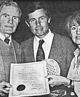 New Jersey Govenor declares March “Platform Tennis Month.” Governor Brendan T. Byrne (left) with APTA President Robert Kingsbury and Executive Director Gloria Dillenbeck