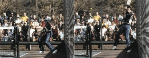 Greg Moore in action in the final of the Men’s Nationals at Fox Meadow Tennis Club. Moore and Hank Irvine were National Champions in 1986 and 1987.