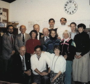 A 1993–94 APTA Board of Directors meeting at the Montclair Golf Club Paddle Hut. Standing back row: Reb Speare, Bob Brown, Chuck Vasoll, Peter Dodd, Walt Peckinpaugh, Pete McCormick, Carol York, and Bill Childs. Standing second row: Hope Kerr, Charley Stevens, Claudia Neal, and Nancy Mangan. Kneeling: Howard Sipe, Brian Zevnik, and Ginna Ohlmuller.