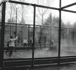Steam rises from a heated court at the 1994 National Championships held at Fox Meadow Tennis Club.The last Men's and Women's Nationals to be held at Fox Meadow