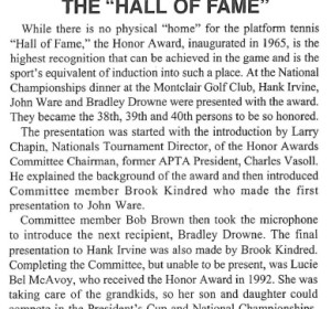 Platform Tennis News covered the induction ceremony (summer 1995 issue)