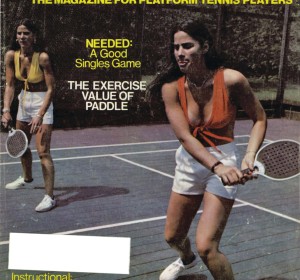 Karen (left) and identical twin sister, Kim Barker, enjoy playing summer platform tennis on a private court in New Canaan, CT. The court belonged to Herman Schaefer, a finalist in the APTA Men's Nationals, 1953