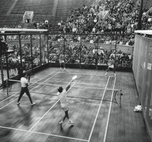 Doug Russell (left, far side) and Gordon Gray defeat Steve Baird and Chip Baird (right, near side) in five sets at the West Side Tennis Club in Forest Hills, Queens
