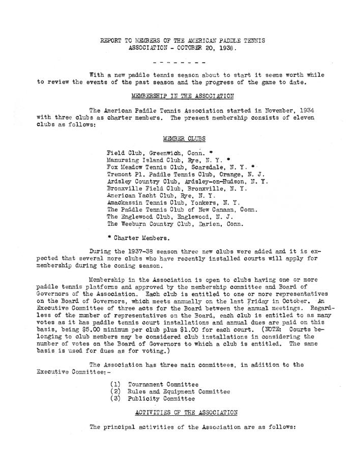 Report to Members of the American Paddle Tennis Association