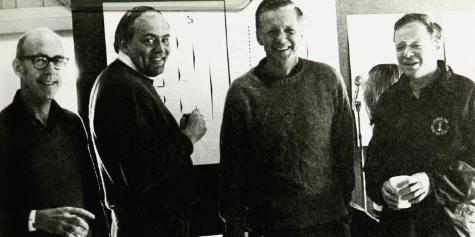 Happy times at the drawsheet for Bob Brown, Chuck Morosini, Bob Macy, and Chauncey Bartholet