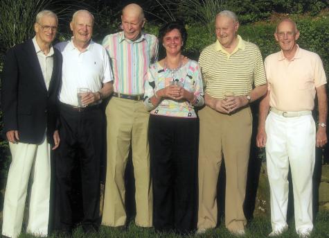 Six past Presidents of Fox Meadow Tennis Club at a party hosted by Barbara and Scott Wood at their Scarsdale home on Taunton Road in early 2000s. Chas Evans, Gil Erskine, Hank Otto, Barbara Wood, Dick Hebard and Bob Brown