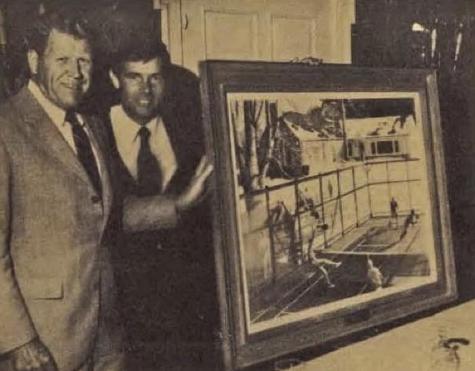 Bill Pearce, VP of Coca-Cola Bottling Company of New York, presents past president Bob Kingsbury and the APTA with the Robert Sticker platform tennis painting