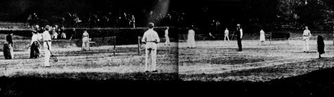 Ladies in cumbersome ankle-length skirts and their bearded gentlemen friends on the courts of the Scarsdale Lawn Tennis Club in the 1890s