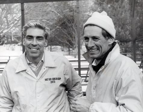 A jubilant moment for John Mangan and Gordon Gray (seeded 8) after upsetting Chip and Steve Baird (seeded 3) in the quarter-final round of the Men's Nationals at Fox Meadow Tennis Club, Scarsdale, NY