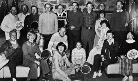 The FMTC Tournament Committee for the 1978 Men's Nationals and paddles Golden Anniversary.  Standing: Jim Naughton, Thornton Gerrish, Jim Morison, Phil Thorp, Hugh King, Paul Doyle, Fred Molloy, Rod Zilenziger, Bette and Hank Otto. Seated: Gil Erskine, Gay Morison, John Keane, Joan Doyle, Roxanne Zilenziger, Bibs Reville, Dotsie Erskine, Ginny Naughton.