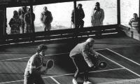 During one of the Tribuno Tour events, Hank Irvine hits a service volley while Herb Fitz Gibbon closes in on the center. This team dominated several of the Tribuno tournaments and won the Nationals in both 1977 and 1978.