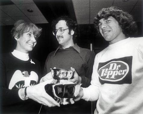 APTA Executive Director, Gloria Dillenbeck, presenting 1976 National Boy's finalist prizes to Sol Hauptman and Jeff Fleitman
