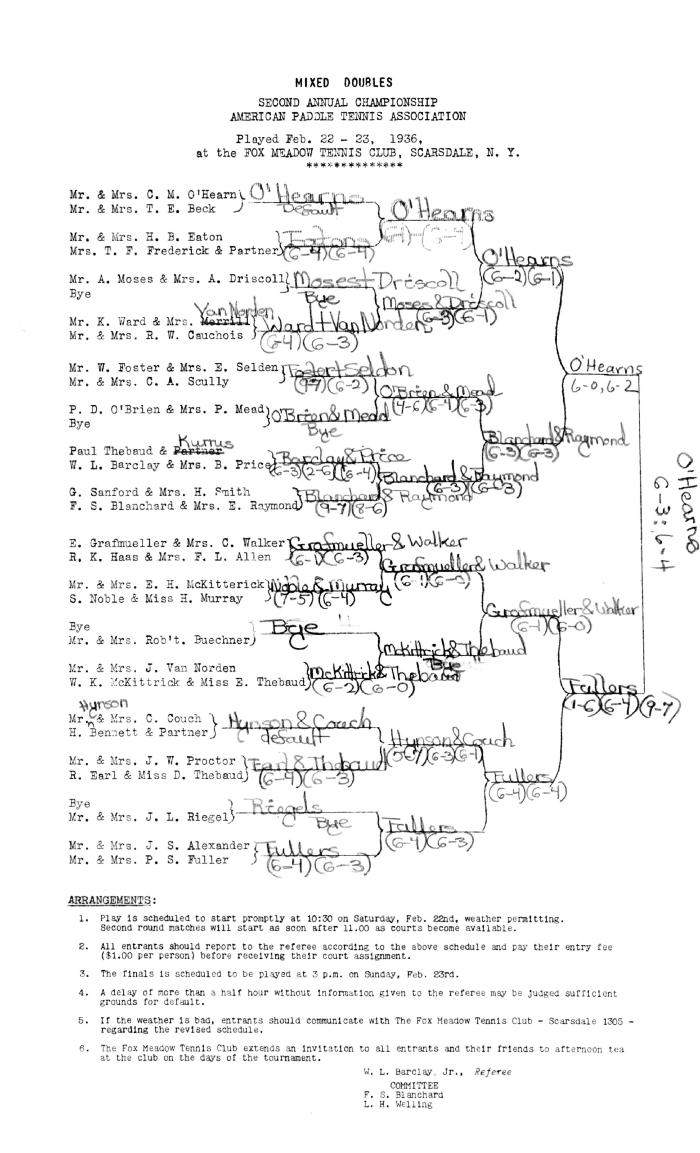 Drawsheet 1936 Mixed Nationals played at Fox Meadow