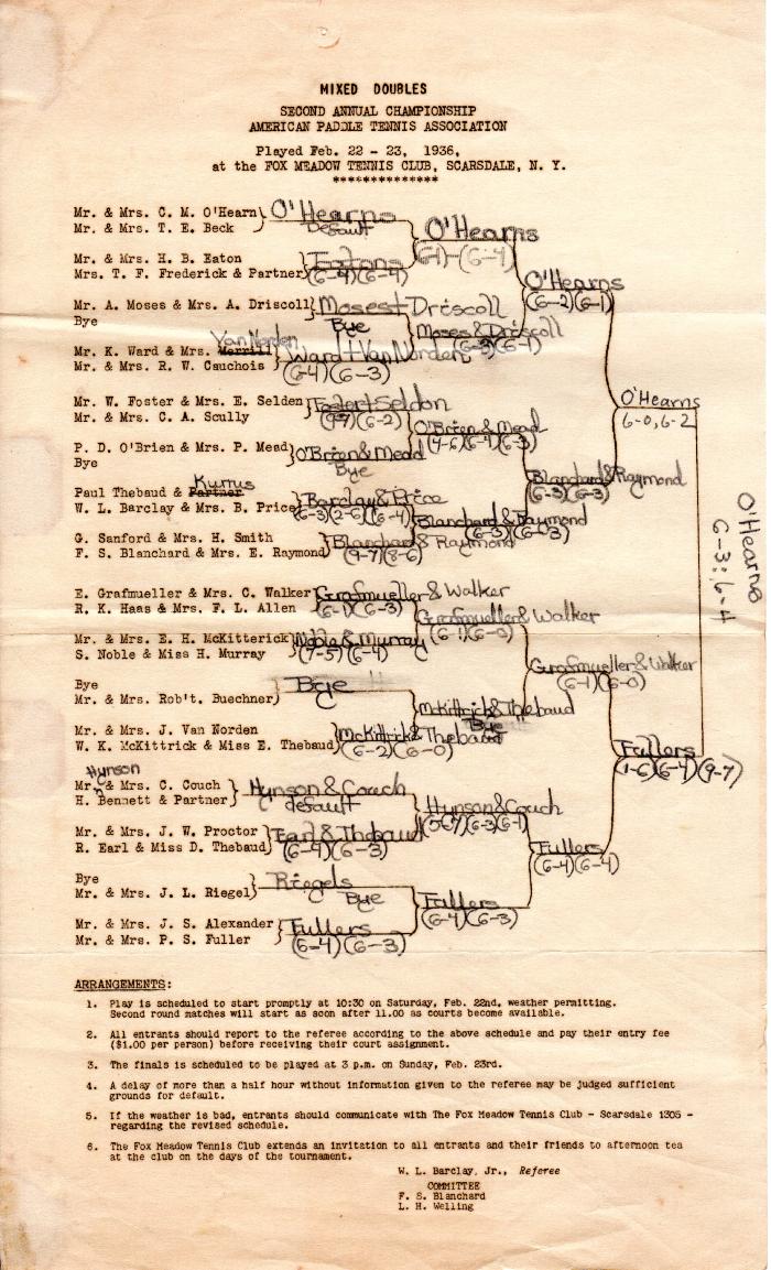 Drawsheet 1936 Mixed Nationals played at Fox Meadow