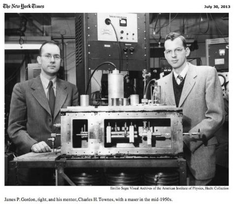 James P. Gordon, right, and his mentor, Charles H. Townes, with a mazer in the mid 1950s. Gordon was the son of Fox Meadow President Robert S Gordon (1942)