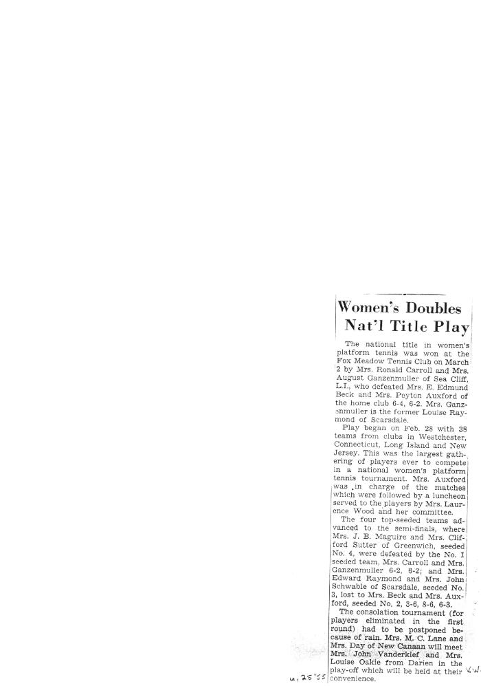 "Women's Doubles Nat'l Title Play" - coverage of 1955 Women's Nationals at Fox Meadow