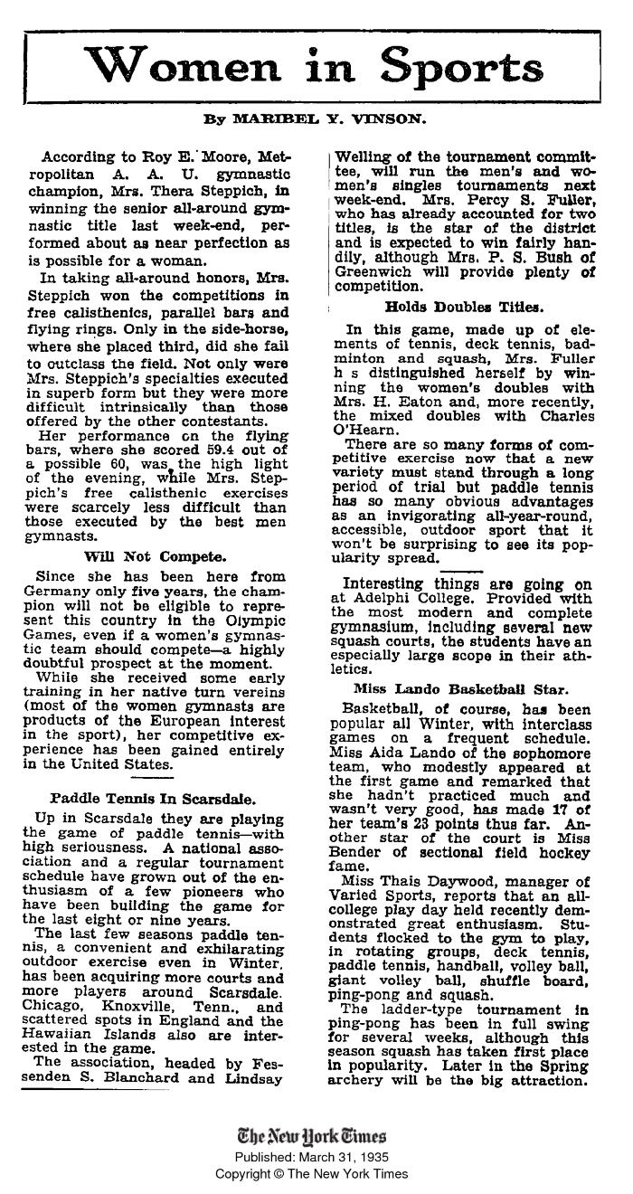 "Women in Sports - Paddle Tennis in Scarsdale" - NYT article on APTA which had been formed in 1934 and the first singles events