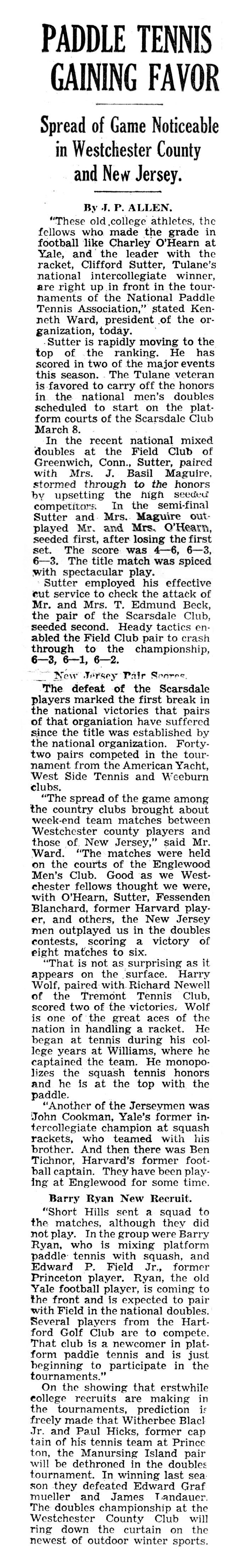 "Paddle Tennis Gaining Favor" J P Allen article in New York Sun which had coverage of 1941 Mixed Nationals at the Field Club