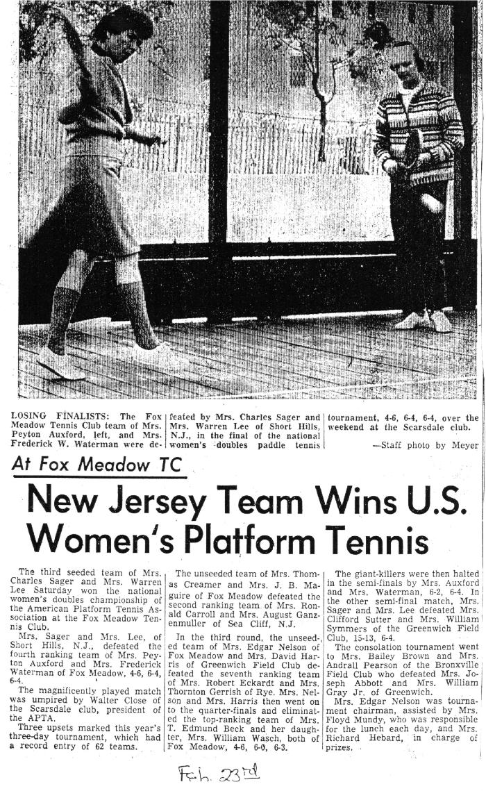 "New Jersey Team Wins U.S. Women's Platform Tennis" - Scarsdale Inquirer covers 1961 Women's Nationals at Fox Meadow