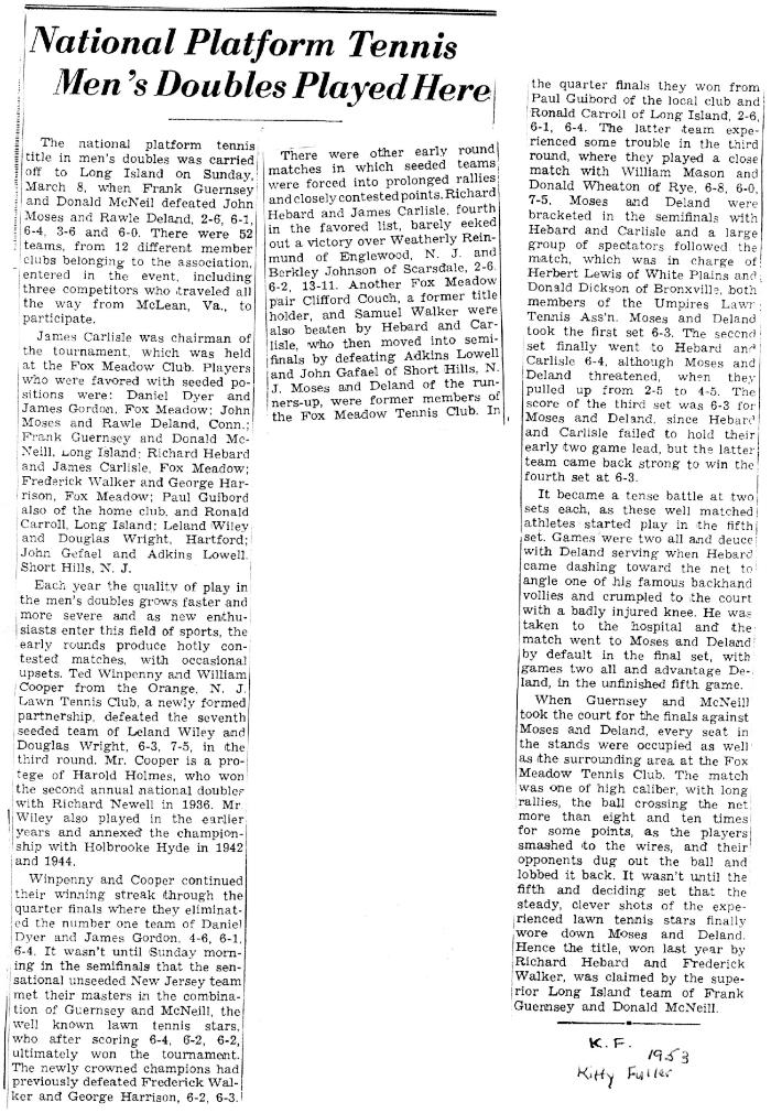 "National Platform Tennis Men's Doubles Player Here" - coverage of 1953 Men's Nationals at Fox Meadow