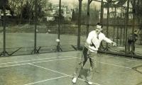 A 1937 publicity photograph featuring Charles O'Hearn playing singles. Only two men have won both the Singles and Doubles in the same year - O'Hearn(1937)  and Bob Kleinert (1984)