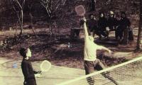 Juniors played platform tennis from the start: Horton Heath (left) and a friend practice at the original Cogswell court.
