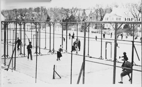Winter activity at Fox Meadow Tennis Club in the 1930s. Platform tennis in the foreground and ice skating just beyond.