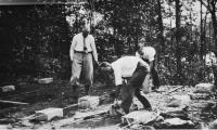 Laying foundations for the second Cogswell court (Oct 1932) on same location as first court. Alger Sawyer, Lindsay Welling and Earle Gatchell