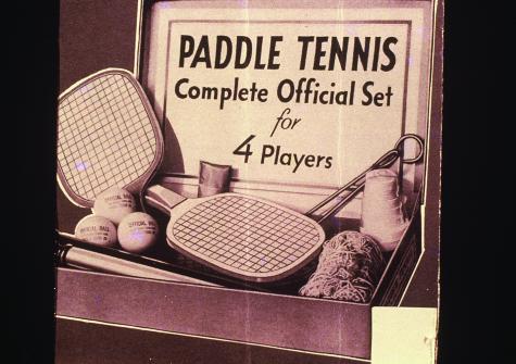 A typical late-1920s boxed set of paddle tennis equipment, similar to the one James Cogswell brought home