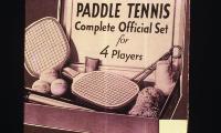 A typical late-1920s boxed set of paddle tennis equipment, similar to the one James Cogswell brought home