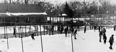 A busy day at Fox Meadow in the late 1930s. Platform tennis, hockey, and figure skating kept members out of mischief