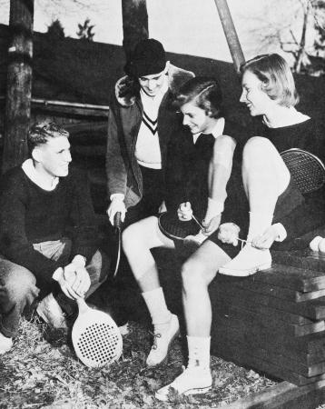 "Deciding on partners before the game are: (from left) Charles Merrill, John Brandeis, Linda Blanchard, Melinda August, all of South Orange"