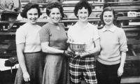 1959 Women's Nationals - From left: Susan and Madge Beck win the 1959 Women's Nationals, a first such title for a mother-daughter team. A three set match so Ruthie Walker (Blanchard's daughter) and Barbara Koegel manage to smile. 