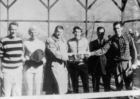 1967 Mixed National at Fox Meadow Tennis Club, Scarsdale, NY. APTA President William G. Nagle presents the bowl to the winners, Gordon Gray and Anne Symmers