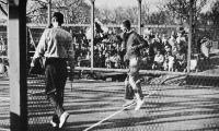 1959 Men's Nationals - Bill Cooper, playing with Gordon, leaps for a high one. Cooper and Gordon won over Carlisle and Hebard