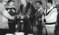 The awards presentation at the 1956 Men’s Nationals (from left): Bill Pardoe, George Harrison, Ted Cook (APTA president and tournament chair), Don McNeill, and Herman Schaefer