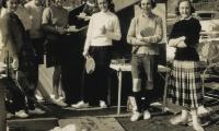 Women’s tea at Fox Meadow Tennis Club, Scarsdale, NY  in the 1950s, including, in front row, Buffy Briggs (holding tea), Elise Clairborne, Pam McCrae, and Evie Carlisle