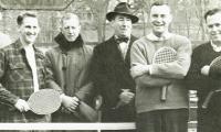 1952 Men's Nationals: Jim Gordon, Danny Dyer (finalists on left), Dick Hebard and Fred Walker (winners) flank APTA officials