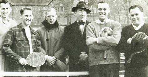1952 Men's Nationals: Jim Gordon, Danny Dyer (finalists on left), Dick Hebard and Fred Walker (winners) flank APTA officials