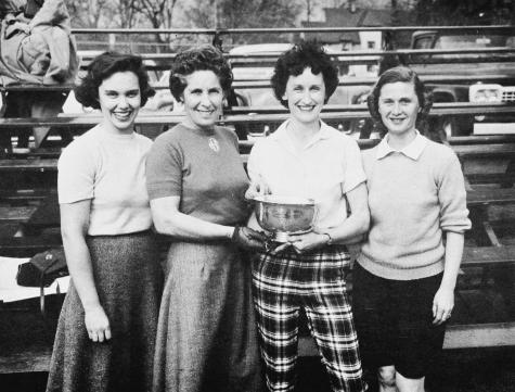1959 Women's Nationals - From left: Susan and Madge Beck win the 1959 Women's Nationals, a first such title for a mother-daughter team. A three set match so Ruthie Walker (Blanchard's daughter) and Barbara Koegel manage to smile. 