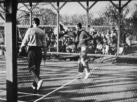 1959 Men's Nationals - Bill Cooper, playing with Gordon, leaps for a high one. Cooper and Gordon won over Carlisle and Hebard
