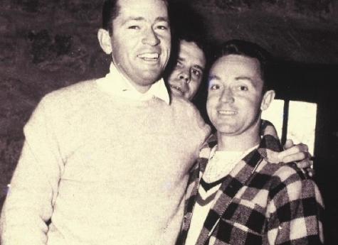 Bill Talbert (left), winner of nine Grand Slam doubles tennis titles, poses with Don McNeill, number one ranked American tennis player in 1940, after a spirited game of platform tennis.