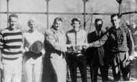 1967 Mixed National at Fox Meadow Tennis Club, Scarsdale, NY. APTA President William G. Nagle presents the bowl to the winners, Gordon Gray and Anne Symmers