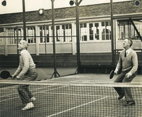 Don White (left) and Fessenden Blanchard play at the Manursing Island Club in Rye, New York against Frank Shields and Charlie O'Hearn