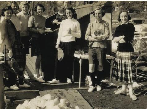 Women’s tea at Fox Meadow Tennis Club, Scarsdale, NY  in the 1950s, including, in front row, Buffy Briggs (holding tea), Elise Clairborne, Pam McCrae, and Evie Carlisle